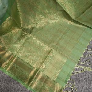 Soft Silk Saree in Dual-Tone Mint & Leaf Green with Gold Zari Stripes & Brocade Border