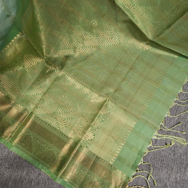 Soft Silk Saree in Dual-Tone Mint & Leaf Green with Gold Zari Stripes & Brocade Border