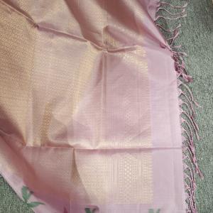 Soft Silk Saree in Forest Green & Pastel Lilac Pink with Floral Ikat Border & Zari Buttis