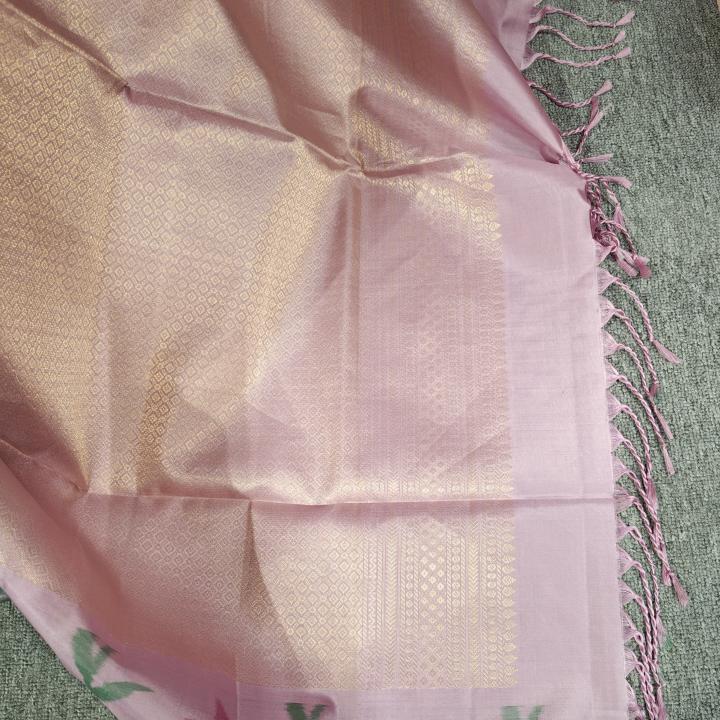 Soft Silk Saree in Forest Green & Pastel Lilac Pink with Floral Ikat Border & Zari Buttis