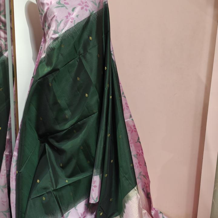 Soft Silk Saree in Forest Green & Pastel Lilac Pink with Floral Ikat Border & Zari Buttis