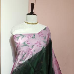 Soft Silk Saree in Forest Green & Pastel Lilac Pink with Floral Ikat Border & Zari Buttis