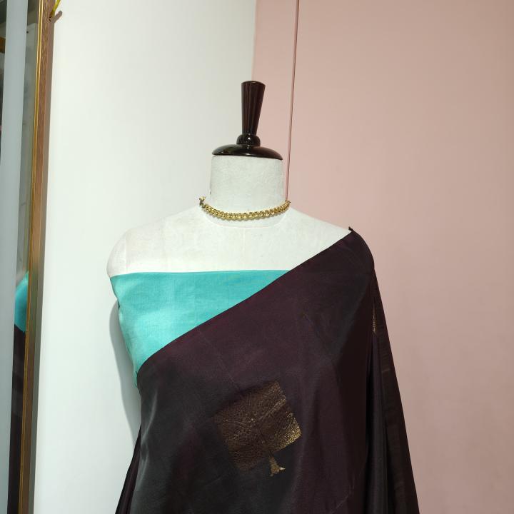 Soft Silk Saree in Dark Chocolate Brown & Aqua Turquoise with Gold Zari Tree Motifs & Brocade Pallu