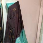 Soft Silk Saree in Dark Chocolate Brown & Aqua Turquoise with Gold Zari Tree Motifs & Brocade Pallu