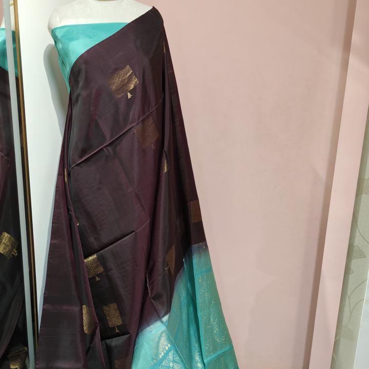Soft Silk Saree in Dark Chocolate Brown & Aqua Turquoise with Gold Zari Tree Motifs & Brocade Pallu