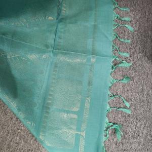 Soft Silk Saree in Dark Chocolate Brown & Aqua Turquoise with Gold Zari Tree Motifs & Brocade Pallu