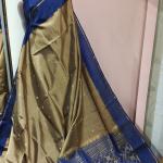 Soft Silk Saree in Metallic Bronze Gold & Royal Blue with Zari Buttis & Striped Border