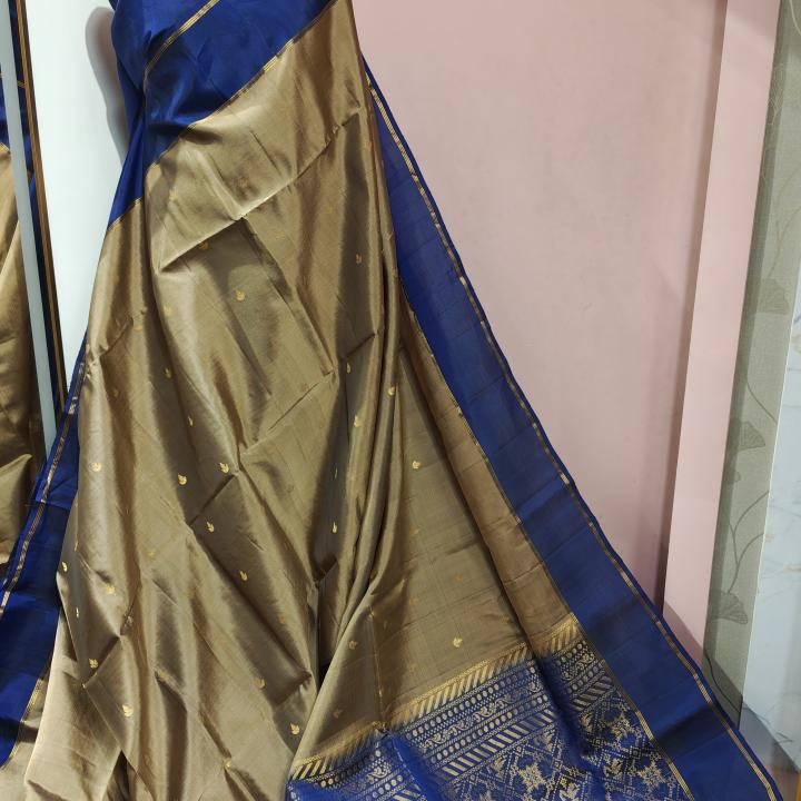 Soft Silk Saree in Metallic Bronze Gold & Royal Blue with Zari Buttis & Striped Border