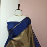 Soft Silk Saree in Metallic Bronze Gold & Royal Blue with Zari Buttis & Striped Border
