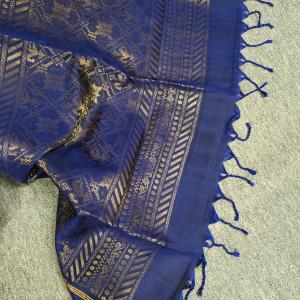 Soft Silk Saree in Metallic Bronze Gold & Royal Blue with Zari Buttis & Striped Border