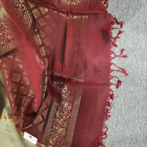 Soft Silk Saree in Olive Moss Green & Maroon Red with Antique Gold Zari Paisley Motifs