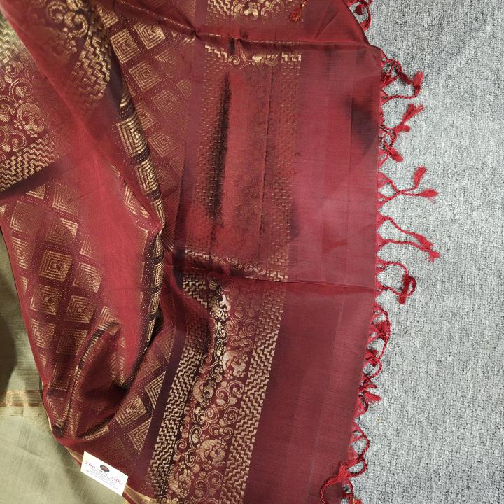 Soft Silk Saree in Olive Moss Green & Maroon Red with Antique Gold Zari Paisley Motifs