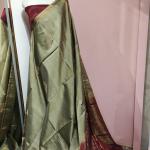 Soft Silk Saree in Olive Moss Green & Maroon Red with Antique Gold Zari Paisley Motifs