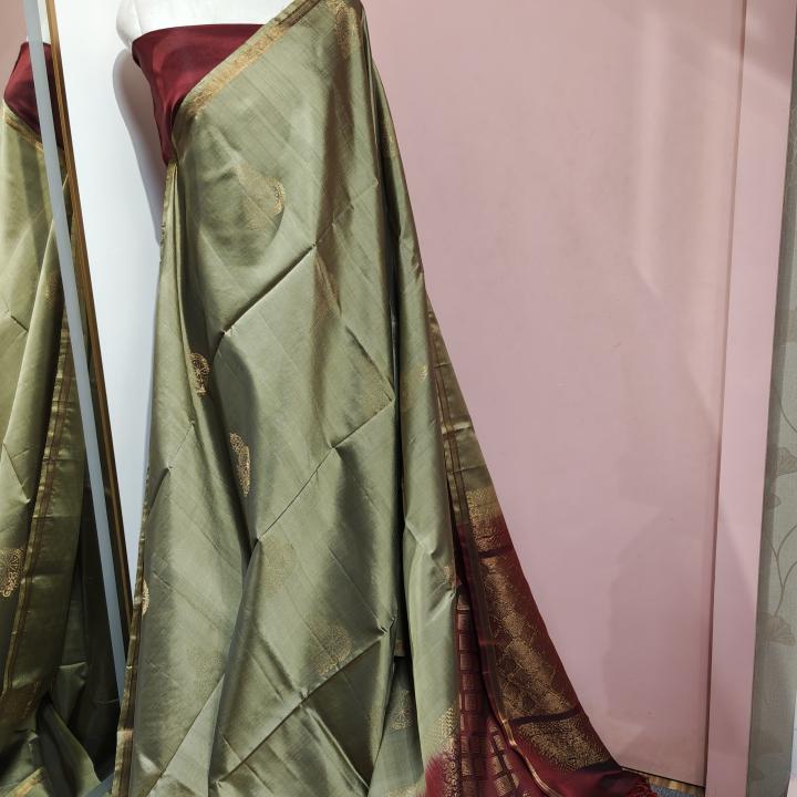 Soft Silk Saree in Olive Moss Green & Maroon Red with Antique Gold Zari Paisley Motifs