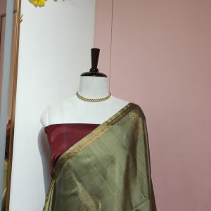 Soft Silk Saree in Olive Moss Green & Maroon Red with Antique Gold Zari Paisley Motifs