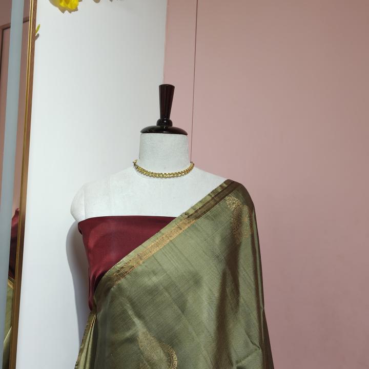 Soft Silk Saree in Olive Moss Green & Maroon Red with Antique Gold Zari Paisley Motifs