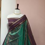 Soft Silk Saree in Emerald Green & Wine Purple with Gold Zari Stripes & Chevron Accent