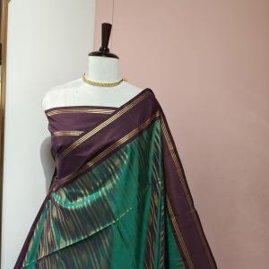 Soft Silk Saree in Emerald Green & Wine Purple with Gold Zari Stripes & Chevron Accent
