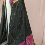 Soft Silk Saree in Jet Black & Rani Magenta with Gold Zari Floral Buttis & Brocade Pallu
