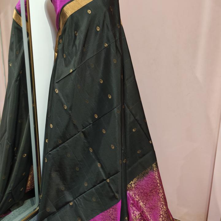Soft Silk Saree in Jet Black & Rani Magenta with Gold Zari Floral Buttis & Brocade Pallu