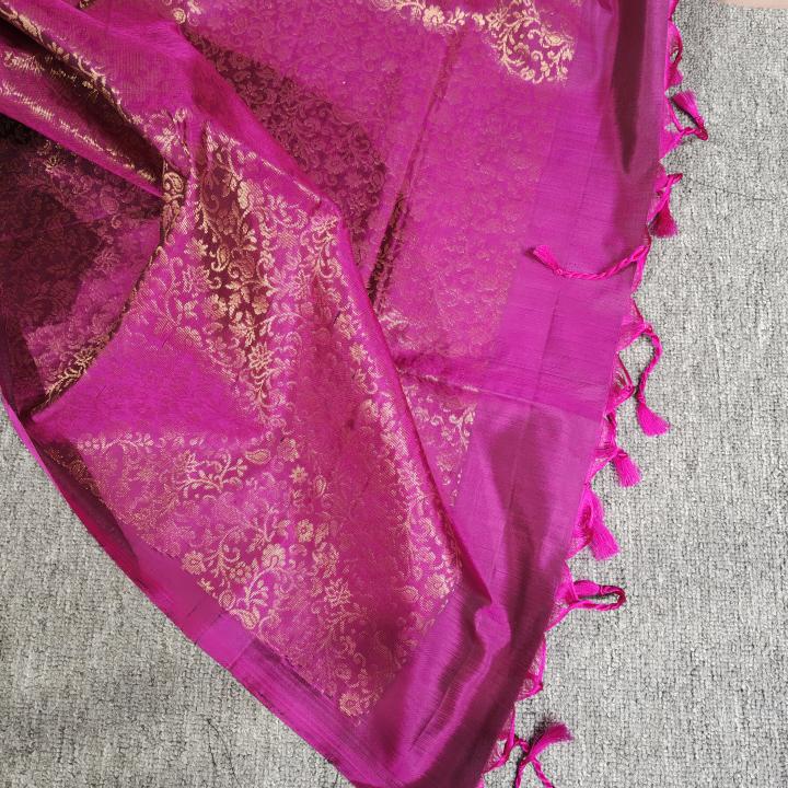 Soft Silk Saree in Jet Black & Rani Magenta with Gold Zari Floral Buttis & Brocade Pallu