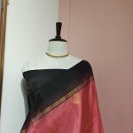Soft Silk Saree in Coral Pink & Charcoal Black with Gold Zari Square Motifs & Temple Ikat Border