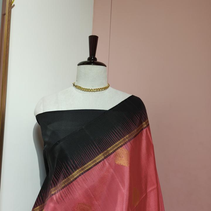 Soft Silk Saree in Coral Pink & Charcoal Black with Gold Zari Square Motifs & Temple Ikat Border