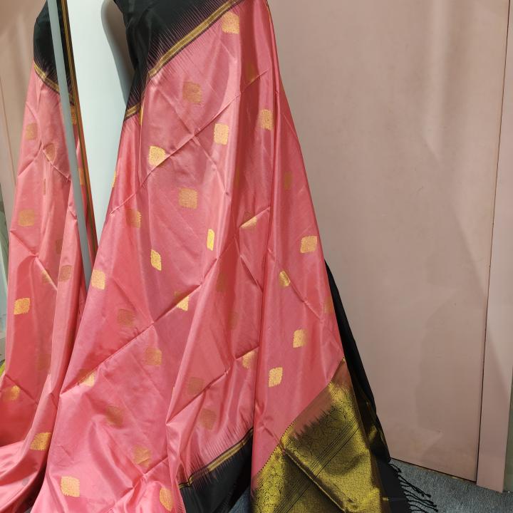 Soft Silk Saree in Coral Pink & Charcoal Black with Gold Zari Square Motifs & Temple Ikat Border