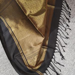 Soft Silk Saree in Coral Pink & Charcoal Black with Gold Zari Square Motifs & Temple Ikat Border