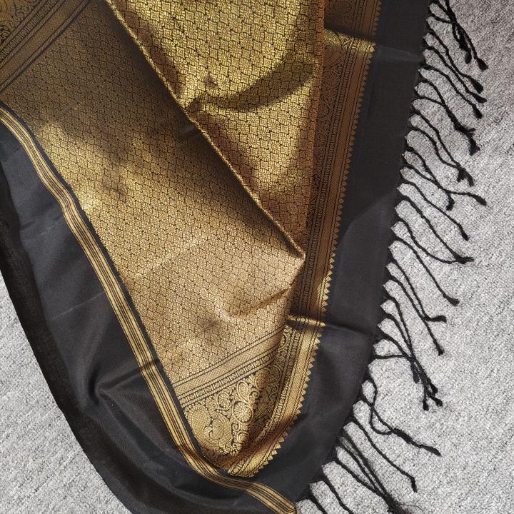 Soft Silk Saree in Coral Pink & Charcoal Black with Gold Zari Square Motifs & Temple Ikat Border