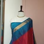 Soft Silk Saree in Crimson Red & Peacock Teal Blue with Gold Zari Motifs & Brocade Border