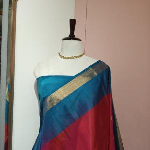 Soft Silk Saree in Crimson Red & Peacock Teal Blue with Gold Zari Motifs & Brocade Border