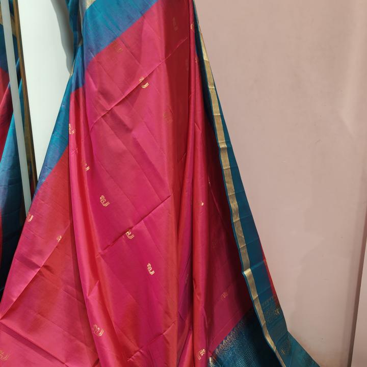 Soft Silk Saree in Crimson Red & Peacock Teal Blue with Gold Zari Motifs & Brocade Border