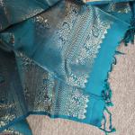 Soft Silk Saree in Crimson Red & Peacock Teal Blue with Gold Zari Motifs & Brocade Border