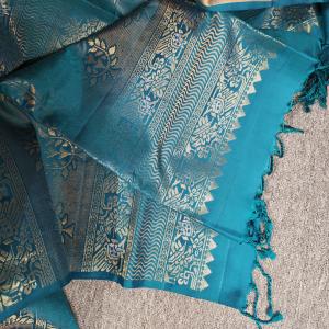 Soft Silk Saree in Crimson Red & Peacock Teal Blue with Gold Zari Motifs & Brocade Border