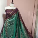 Soft Silk Saree in Emerald Green & Wine Purple with Gold Zari Stripes & Chevron Accent