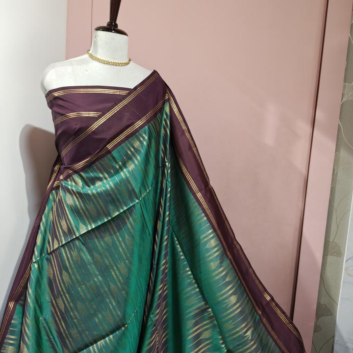 Soft Silk Saree in Emerald Green & Wine Purple with Gold Zari Stripes & Chevron Accent