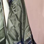 Soft Silk Saree in Olive Sage Green & Midnight Navy with Zari Checks, Lotus Motifs & Geometric Pallu