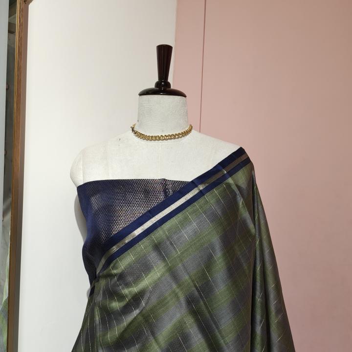 Soft Silk Saree in Olive Sage Green & Midnight Navy with Zari Checks, Lotus Motifs & Geometric Pallu