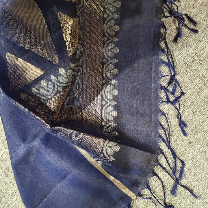 Soft Silk Saree in Olive Sage Green & Midnight Navy with Zari Checks, Lotus Motifs & Geometric Pallu