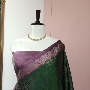 Soft Silk Saree in Emerald Green & Dusty Mauve Purple with All-Over Floral Jaal & Brocade Border