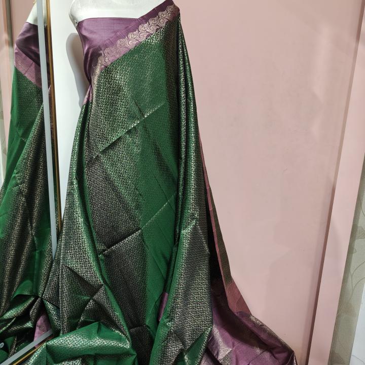 Soft Silk Saree in Emerald Green & Dusty Mauve Purple with All-Over Floral Jaal & Brocade Border