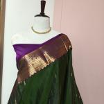 Soft Silk Saree in Bottle Green & Imperial Purple with Gold Zari Lines, Motifs & Brocade Border