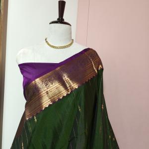 Soft Silk Saree in Bottle Green & Imperial Purple with Gold Zari Lines, Motifs & Brocade Border