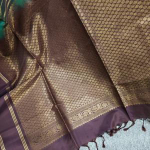 Soft Silk Saree in Emerald Green & Wine Purple with Gold Zari Stripes & Chevron Accent