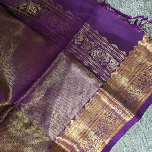 Soft Silk Saree in Bottle Green & Imperial Purple with Gold Zari Lines, Motifs & Brocade Border