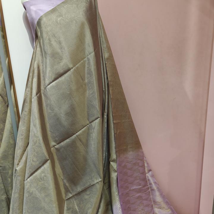 Soft Silk Saree in Champagne Beige & Pastel Lavender with All-Over Floral Jaal & Brocade Pallu