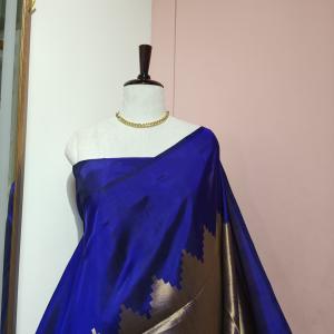 Soft Silk Saree in Royal Blue & Antique Gold with Temple Motif Border & Zari Pallu