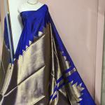 Soft Silk Saree in Royal Blue & Antique Gold with Temple Motif Border & Zari Pallu