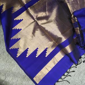 Soft Silk Saree in Royal Blue & Antique Gold with Temple Motif Border & Zari Pallu